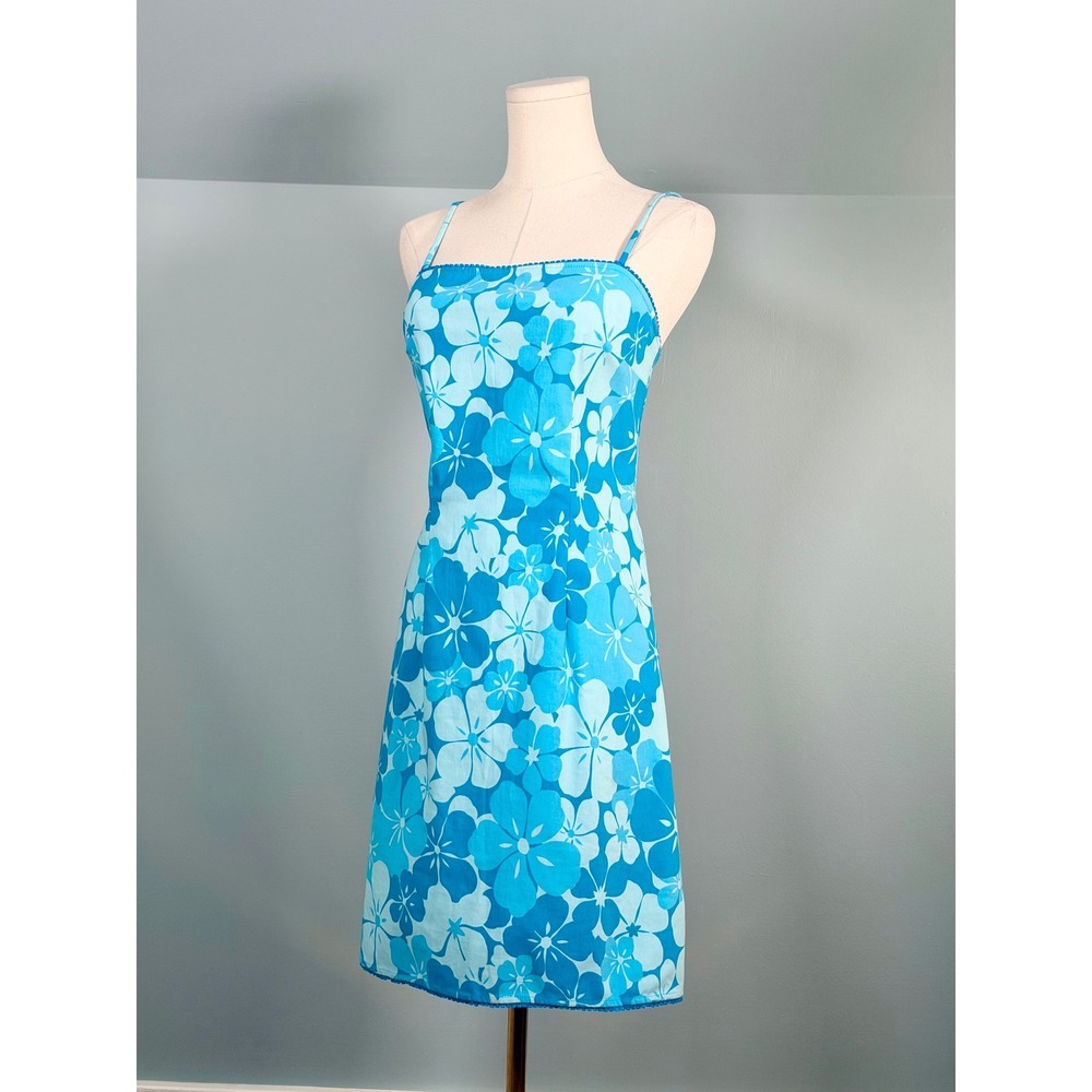 Vintage 1990s / 2000s Blue Flower Dress 90s Y2K Hawaiian Beach Frutiger Aero - Picture 2 of 10